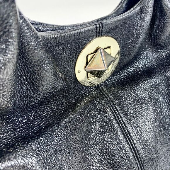 Kate Spade black leather shoulder bag w/ patent straps & gold twist clasp - Picture 3 of 13